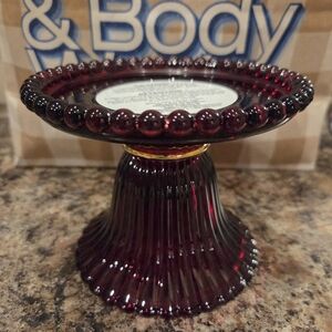 BBW MAROON GLASS PEDESTAL CANDLE HOLDER